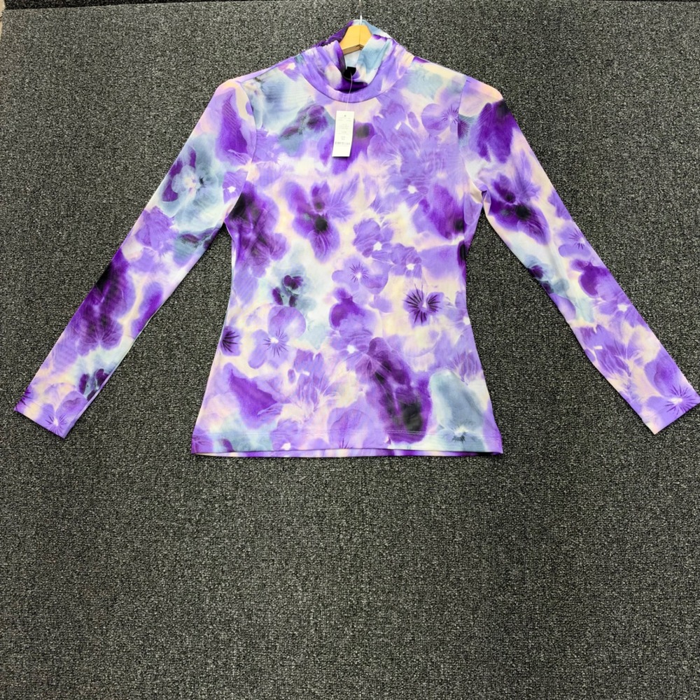 WHBM Luna Floral Pansy Mesh Mock Neck Top Womens XS Purple NWT